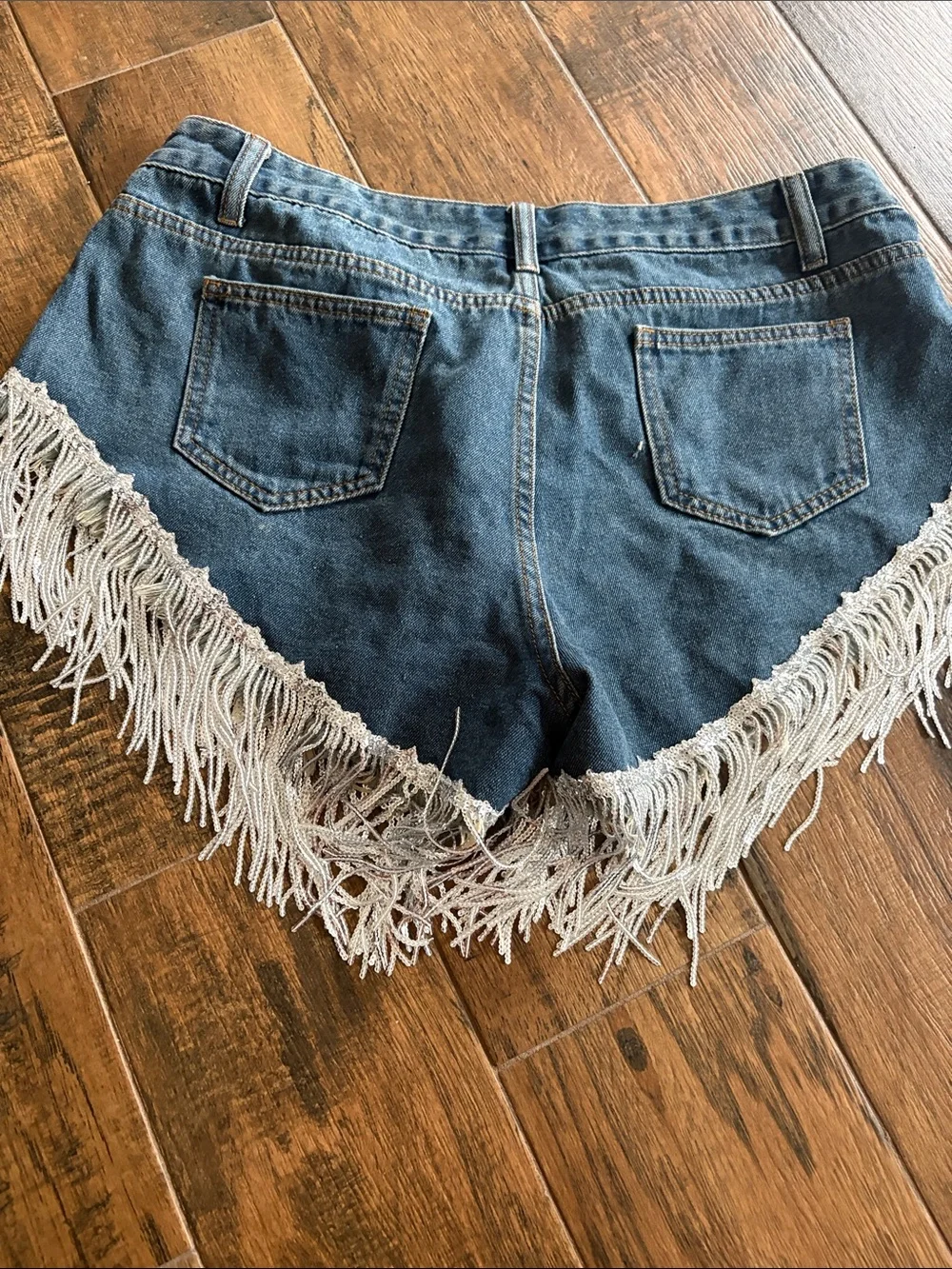 SHEIN Dark Blue Denim Fringe Shorts